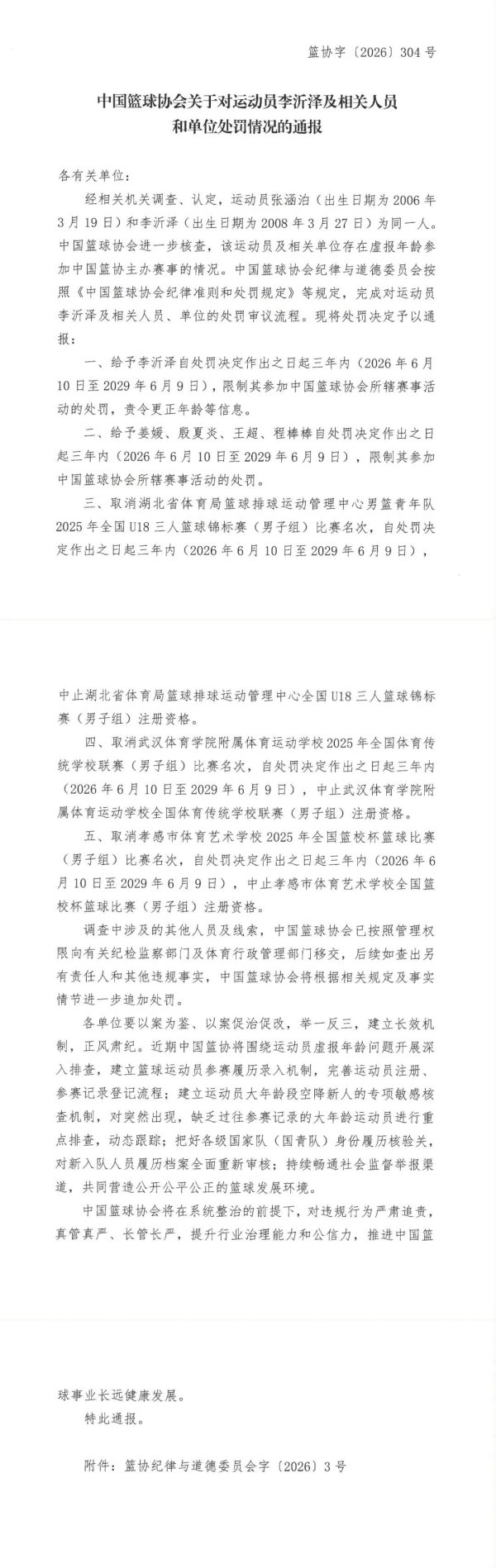 存在虚报年龄参赛!中国篮协通报对李沂泽及相关人员处罚决定