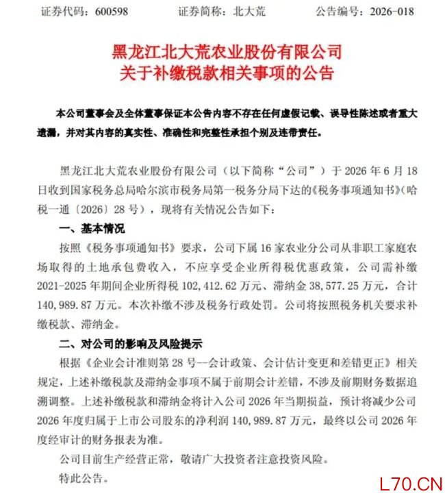 补税14.1亿！北大荒时隔12年或再现亏损